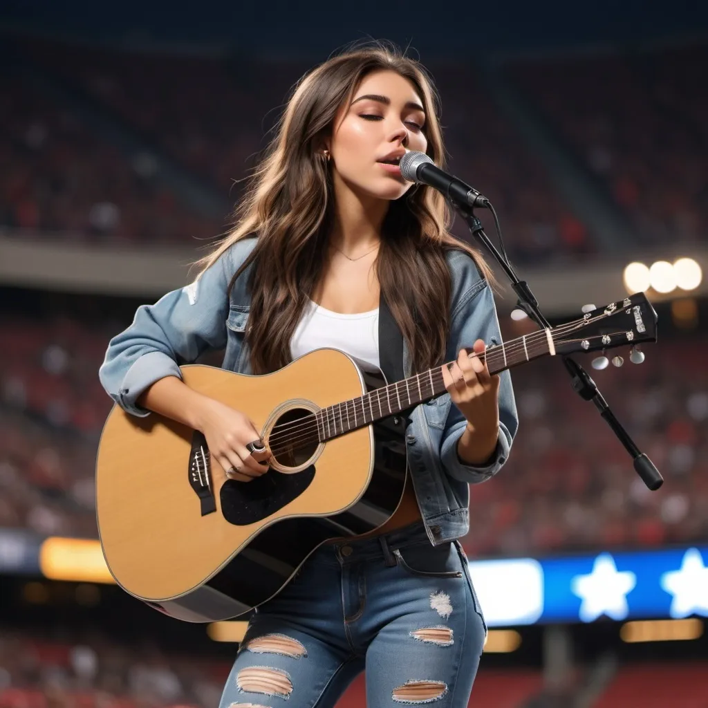 Prompt:  Madison Beer singing Star Spangled Banner at sport's game strumming her acoustic guitar sitting down and wearing ripped torn jeans and showing off her skin. she is sitting down and strumming her acoustic guitar as he sings her heart out.