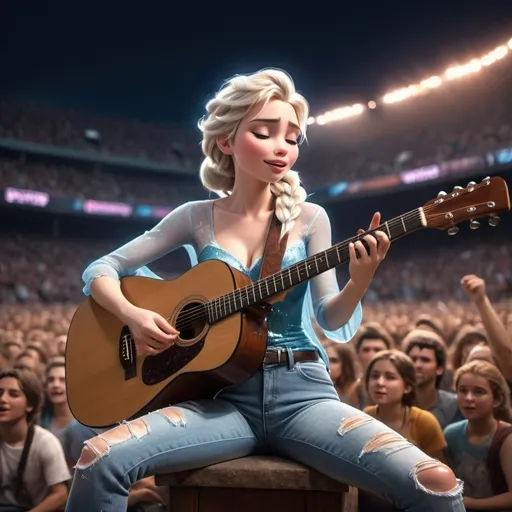 Prompt: Elsa singing US national anthem at sport's stadium sitting down strumming an acoustic guitar and wearing ripped torn jeans showing off her skin. Elsa is sitting down and strumming her acoustic guitar.