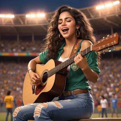 Prompt: Esmeralda singing US national anthem at sport's stadium sitting down strumming an acoustic guitar and wearing ripped torn jeans showing off her skin. Esmeralda is sitting down and strumming her acoustic guitar.