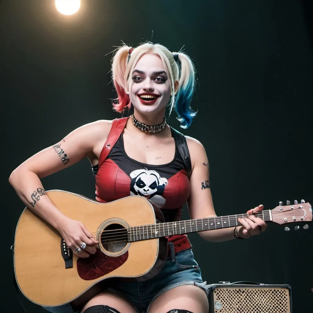 Prompt: Margot Robie's Harley Quinn singing and playing acoustic guitar in concert wearing shorts sitting down and crossing legs.