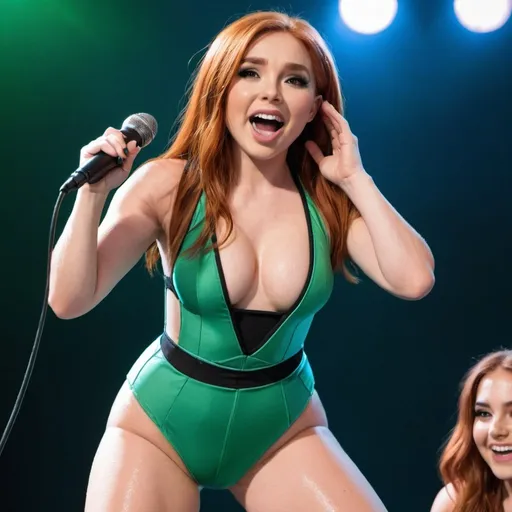 Prompt: Kim Possible singing in concert wearing swimsuit and getting down to her knees on the stage floor while holding microphone