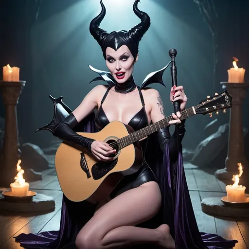 Prompt: Maleficent singing in concert wearing revealing skimpy speedo sitting down and strumming her acoustic guitar show off her legs.