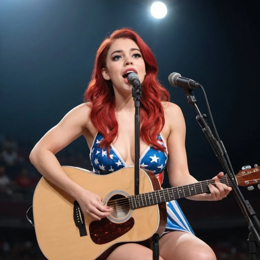 Prompt: Ariel wearing a revealing high slit to the waist dress sings The Star Spangled Banner at a sport's game while playing acoustic guitar with microphone, sitting down.