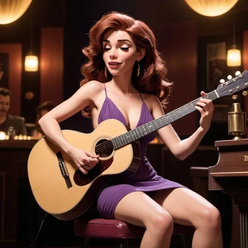 Prompt: Megara singing as a lounge singer in a jazz club wearing a slit to the thigh dress sitting down and strumming her acoustic guitar and crossing her legs.