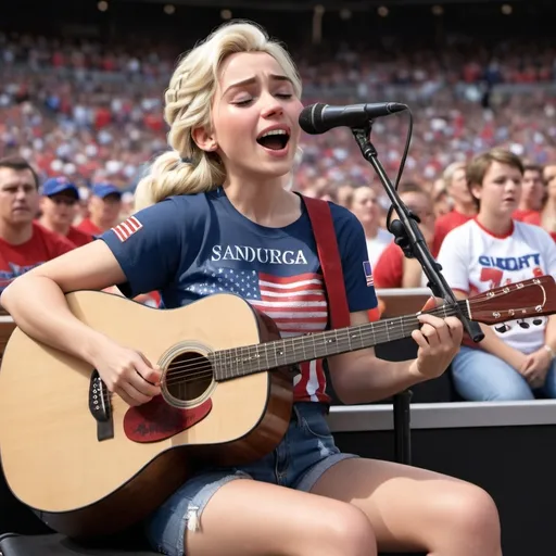 Prompt: Elsa sitting down wearing patriotic shirt singing Star Spangled Banner at sport's game strumming her acoustic guitar and wearing short shorts she is sitting down as she sings.