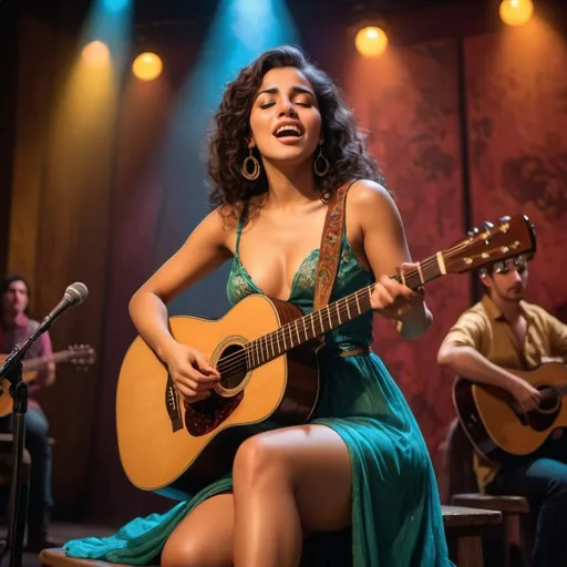 Prompt: (Esmeralda), singing a ballad in a concert, emotional performance, holding an acoustic guitar, sitting down, wearing revealing slit to the thigh dress (showing off her legs), (tears coming out of her eyes), vibrant colors, warm lighting, (dreamy atmosphere), stage backdrop, cheerful audience, soft focus, detailed facial expression, enchanting surroundings, intense gaze, HD, (whimsical, emotional,vibe).