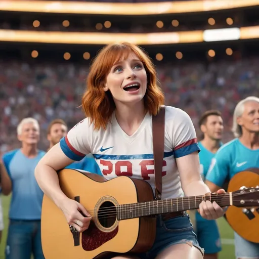 Prompt: (Young Bryce Dallas Howard singing) US national anthem, sitting in a vibrant sports stadium, (strumming an acoustic guitar), casual and relaxed pose, wearing (ripped torn short shorts) showing off her skin, (joyful atmosphere), bright stadium lights, cheering crowd in the background, (4K ultra-detailed) image quality, capturing the energy and emotion of the moment, highlighting the connection between music and sports.