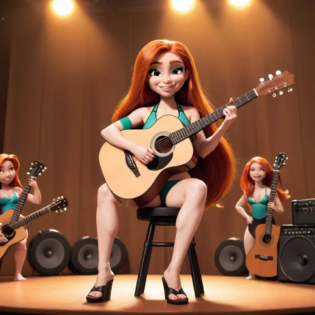 Prompt: Kim Possible sitting down singing in huge concert strumming her acoustic guitar and wearing extremely skimpy bathing suit and showing off her legs.