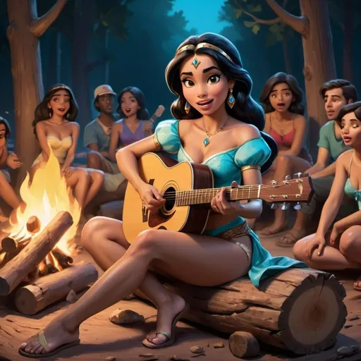 Prompt: Princess Jasmine sitting down in a log near a crowded campfire singing wearing very short shorts while strumming her acoustic guitar and crossing her legs.