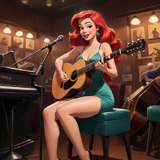 Prompt: Ariel singing as a lounge singer in a jazz club wearing a slit to the thigh dress sitting down and strumming her acoustic guitar and crossing her legs.