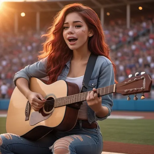 Prompt: Ariel singing US national anthem at sport's stadium sitting down strumming an acoustic guitar and wearing ripped torn jeans showing off her skin. Ariel is sitting down and strumming her acoustic guitar.