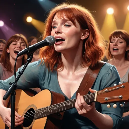 Prompt: (semi-realistic illustration), (Bryce Dallas Howard), singing in concert, playing acoustic guitar, sitting down, messy, juxtaposition of beauty and chaos, emotions of freedom and vulnerability, candid moment, colorful stage lights reflecting, dynamic background crowd energy, 4K and ultra-detailed, striking contrast between music and absurdity.