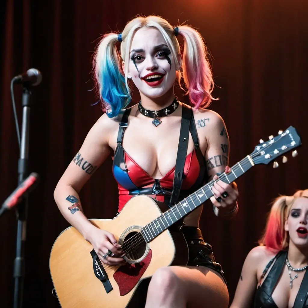 Prompt: Harley Quinn sitting down singing playing acoustic guitar in concert wearing very skimpy and revealing outfit