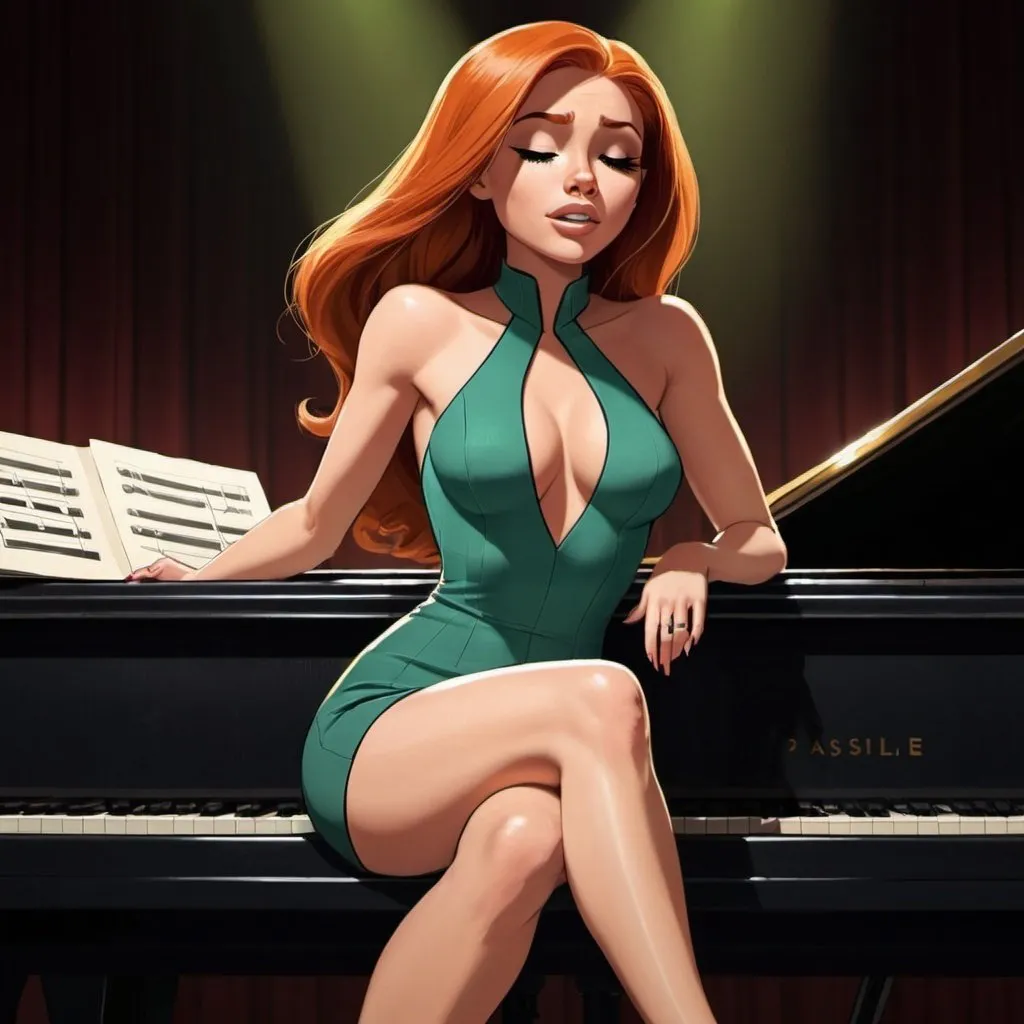 Prompt: Kim Possible singing crossing legs sitting down wearing slit on dress in jazz club closing eyes laying sultry on top of piano.