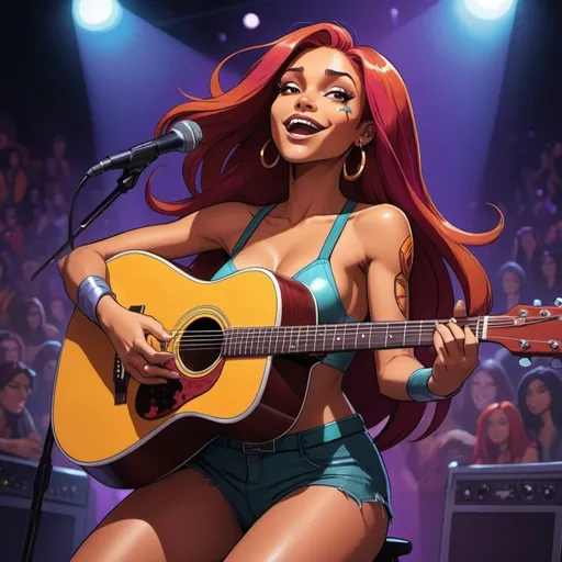 Prompt: Starfire from Teen Titans singing in concert sitting down strumming her acoustic guitar andd crossing her legs.