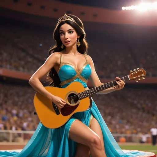 Prompt: (Princess Jasmine wearing a high slit to the waist dress), performing the US national anthem, sitting down, playing an acoustic guitar, vibrant stadium atmosphere, cheering crowd, warm lighting, cinematic depth, detail on dress fabric, expressing passion, joyful ambiance, ultra-detailed HD, color-rich scene, capturing the essence of a festive sports event.