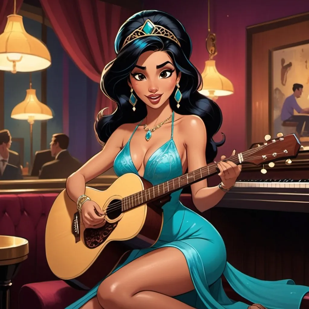 Prompt: Princess Jasmine singing as a lounge singer in a jazz club wearing a slit to the thigh and waist dress sitting down and strumming her acoustic guitar and crossing her legs.