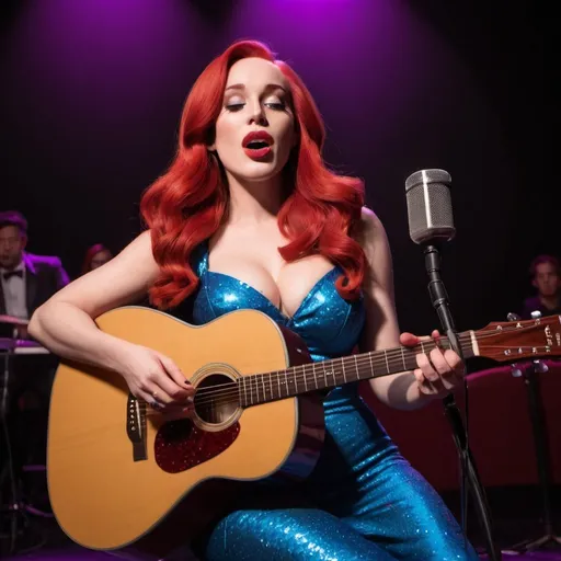 Prompt: Jessica Rabbit singing and playing acoustic guitar in concert