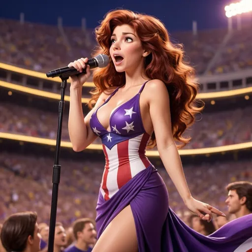 Prompt: (Megara), wearing a revealing high slit to the waist dress, passionately singing The Star Spangled Banner, acoustic guitar in hand, microphone poised, (dynamic and energetic) atmosphere at a lively sports game, cheering crowd, vivid stadium lights illuminating her, capturing a moment of patriotic grandeur, (HD, ultra-detailed) photography style, focused on the emotional performance and vibrant setting.