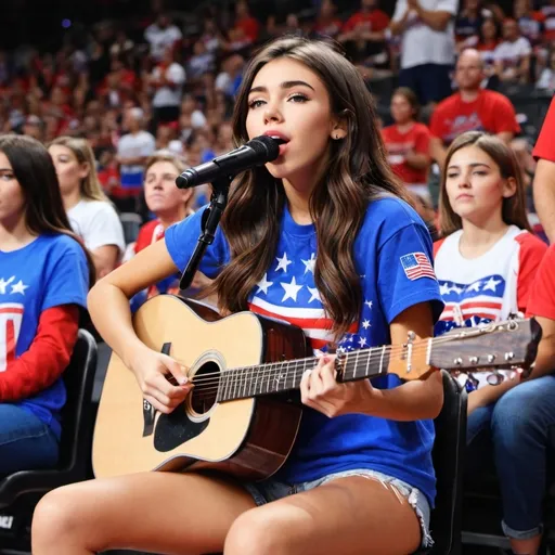 Prompt: Madison Beer sitting down wearing patriotic shirt singing Star Spangled Banner at sport's game strumming her acoustic guitar and wearing short shorts she is sitting down as she sings.