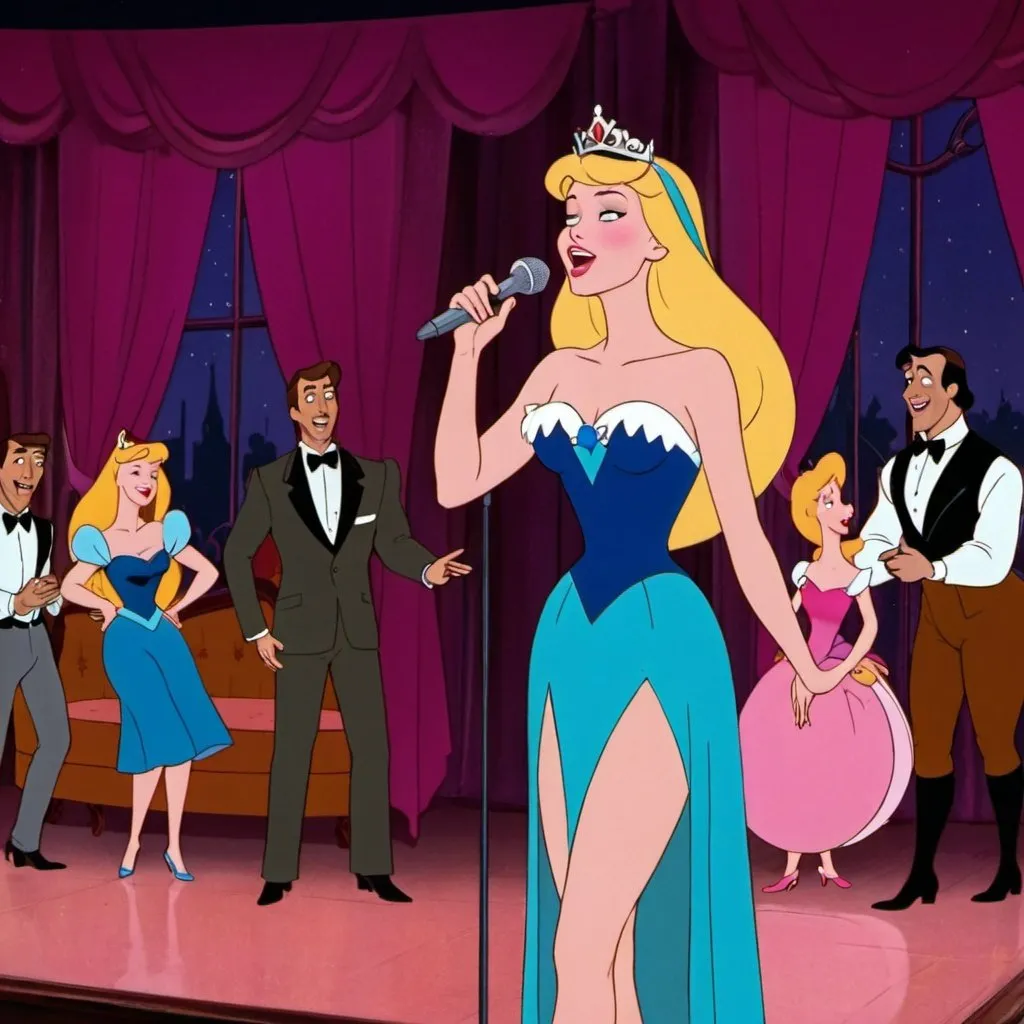 Prompt: Aurora from Sleeping beauty singing in a club as a lounge singer wearing a skit to the thigh dress.