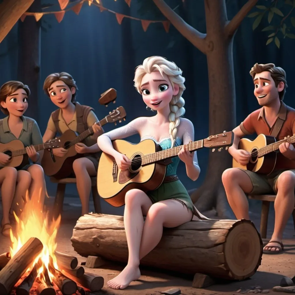 Prompt: Elsa sitting down in a log near a crowded campfire singing wearing very short shorts while strumming her acoustic guitar and crossing her legs.