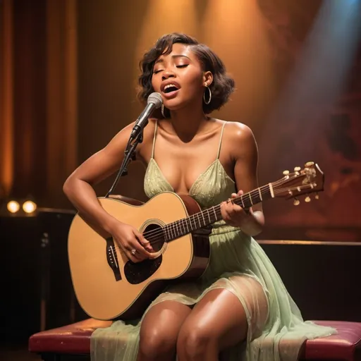 Prompt: (Tiana),  singing a ballad in a concert, emotional performance, holding an acoustic guitar, sitting down, wearing revealing slit to the thigh dress (showing off her legs), (tears coming out of her eyes), vibrant colors, warm lighting, (dreamy atmosphere), stage backdrop, cheerful audience, soft focus, detailed facial expression, enchanting surroundings, intense gaze, HD, (whimsical, emotional,vibe).