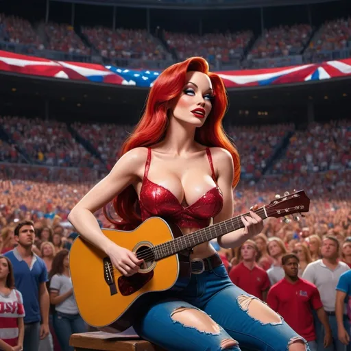 Prompt: Jessica Rabbit singing US national anthem at sport's stadium sitting down strumming an acoustic guitar and wearing ripped torn jeans showing off her skin. Jessica Rabbit is sitting down and strumming her acoustic guitar.