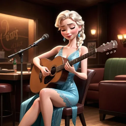 Prompt: Elsa singing as a lounge singer in a jazz club wearing a slit to the thigh dress sitting down and strumming her acoustic guitar and crossing her legs.