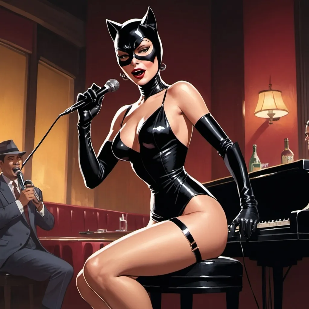 Prompt:  Catwoman singing in a jazz club as a lounge singer while wearing a revealing slit to the thigh and waist dress sitting down and showing off her legs. she is sitting down.