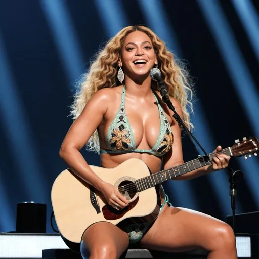 Prompt: Beyonce sitting down singing in concert strumming her acoustic guitar and wearing swimsuit