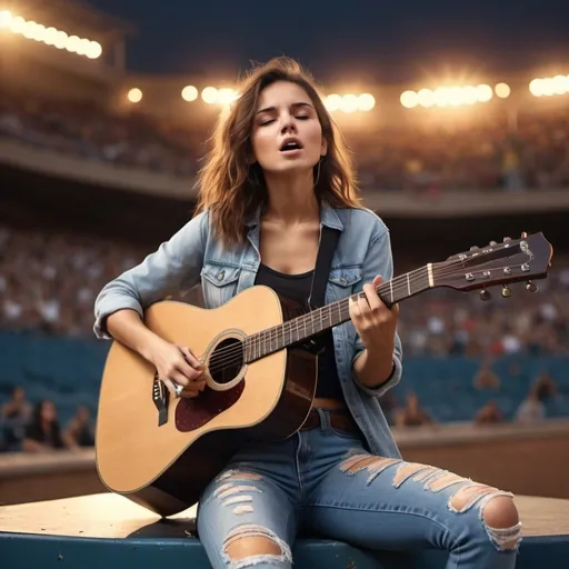 Prompt: (Emily Ratajowski singing), sport stadium ambiance, sitting down, ripped torn jeans exposing skin, strumming acoustic guitar, vibrant crowd in the background, dramatic lighting illuminating her, heartwarming atmosphere, emotional lyrics floating through the air, high-quality 4K image, detailed textures on guitar and clothing, cinematic depth with warm colors, capturing the spirit of unity.