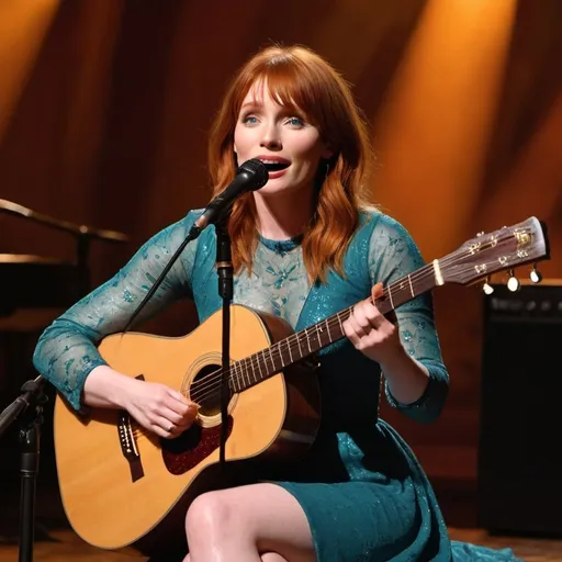 Prompt: (Bryce Dallas Howard), singing a ballad in a concert, emotional performance, holding an acoustic guitar, sitting down, wearing revealing slit to the thigh dress (showing off her legs), (tears coming out of her eyes), vibrant colors, warm lighting, (dreamy atmosphere), stage backdrop, cheerful audience, soft focus, detailed facial expression, enchanting surroundings, intense gaze, HD, (whimsical, emotional,vibe). 