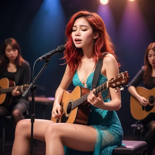 Prompt: (Ariel),  singing a ballad in a concert, emotional performance, acoustic guitar, sitting down, wearing revealing slit to the thigh dress (showing off her legs), (tears coming out of her eyes), vibrant colors, warm lighting, (dreamy atmosphere), stage backdrop, cheerful audience, soft focus, detailed facial expression, enchanting surroundings, intense gaze, HD, (whimsical, emotional,vibe).