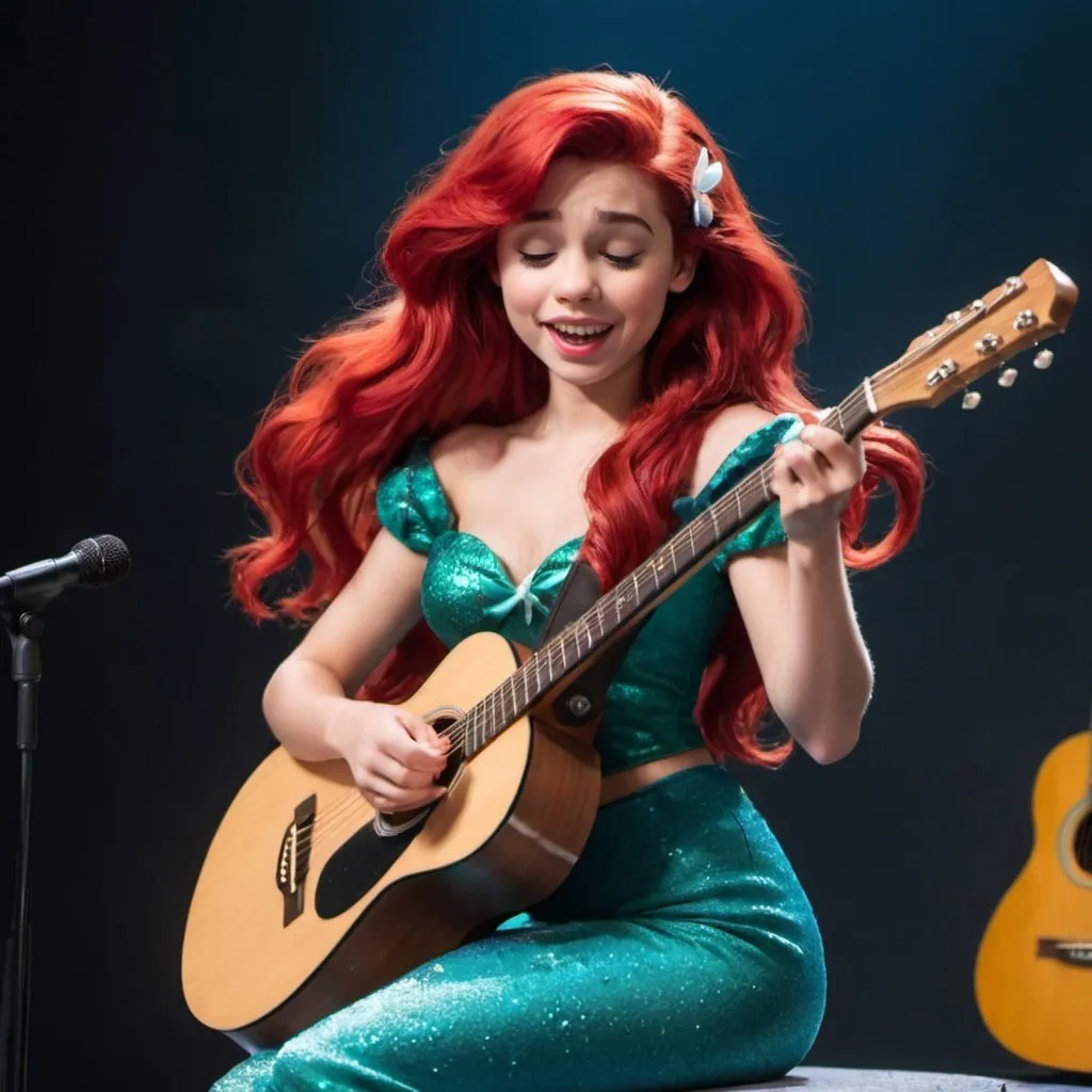 Prompt: Ariel from The Little Mermaid playing guitar and singing wearing modern clothes.