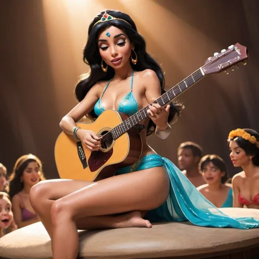 Prompt: Princess Jasmine sitting down singing in huge concert strumming her acoustic guitar and wearing extremely skimpy bathing suit and showing off her legs.