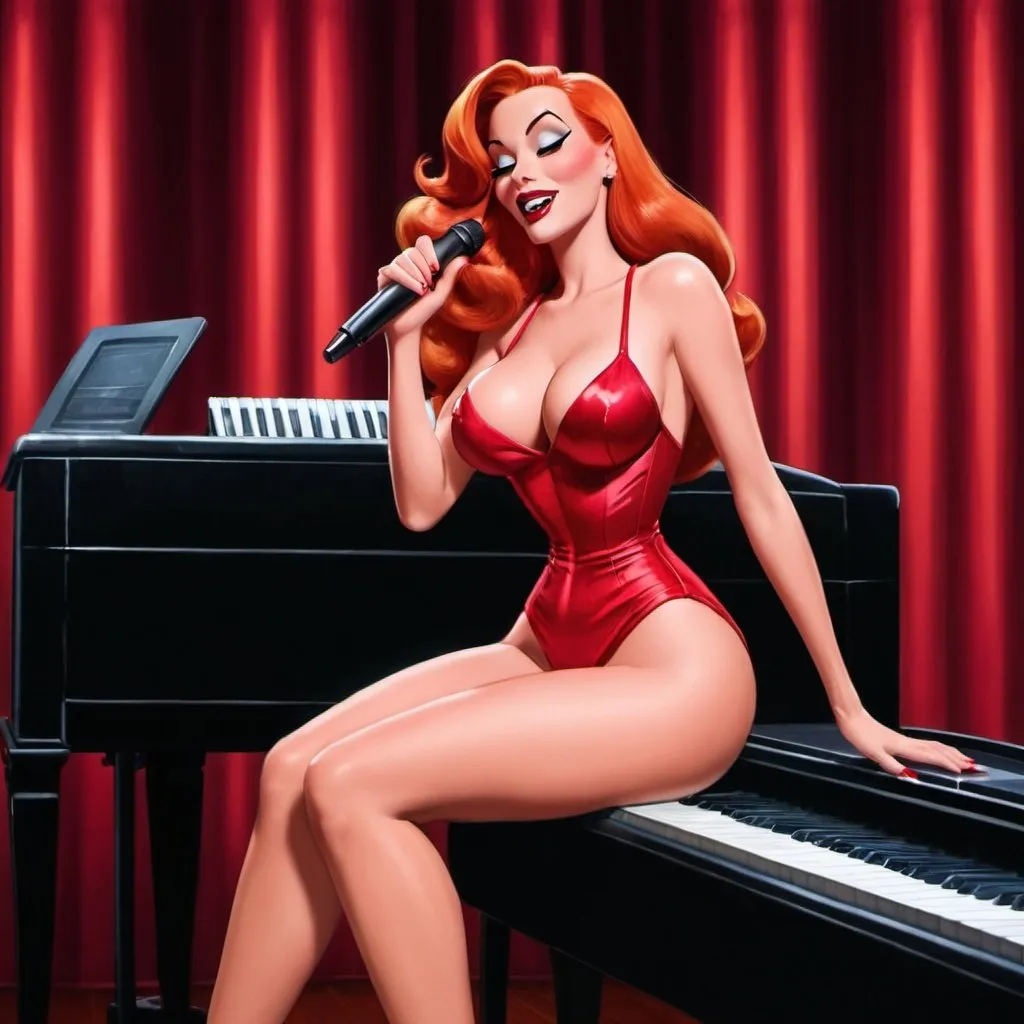 Prompt: Jessica Rabbit as a lounger singer singing in the club while laying on top of piano.