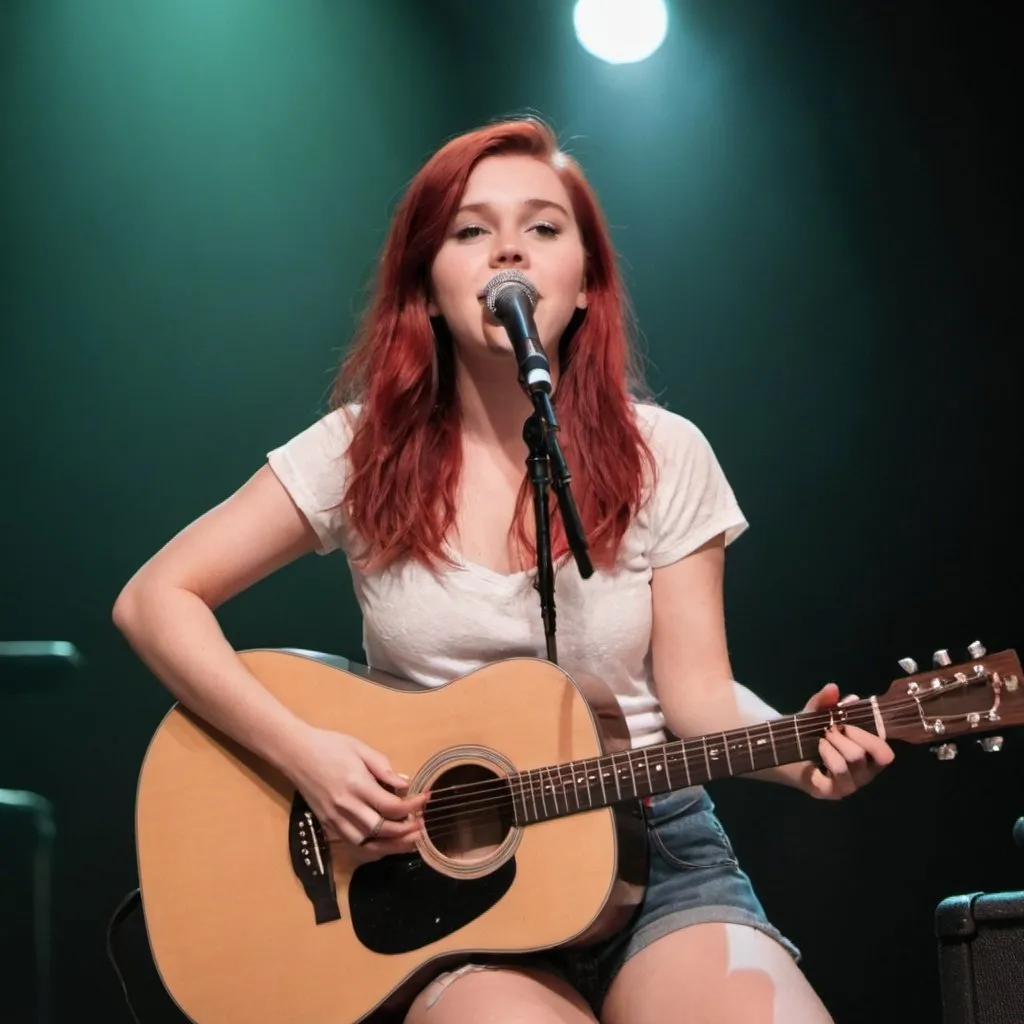 Prompt: Ariel singing playing acoustic guitar wearing shorts sitting down in concert.