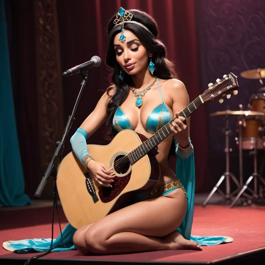 Prompt: Princess Jasmine sitting down singing playing acoustic guitar in concert wearing very skimpy and revealing outfit