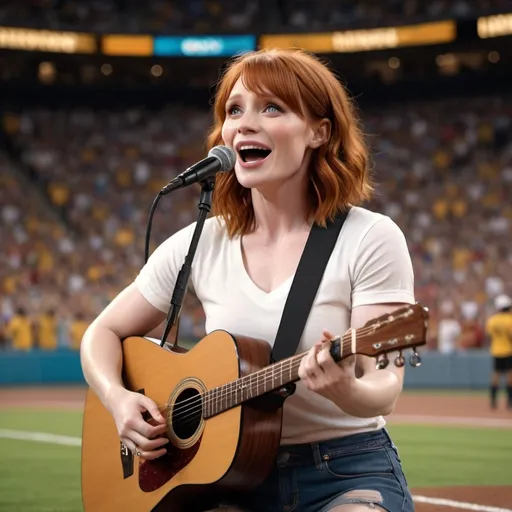 Prompt: (Bryce Dallas Howard singing) US national anthem, sitting in a vibrant sports stadium, (strumming an acoustic guitar), casual and relaxed pose, wearing (ripped torn short shorts) showing off her skin, (joyful atmosphere), bright stadium lights, cheering crowd in the background, (4K ultra-detailed) image quality, capturing the energy and emotion of the moment, highlighting the connection between music and sports.