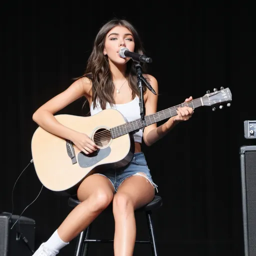 Prompt: Madison Beer singing in concert sitting down wearing short shorts strumming acoustic guitar showing off her legs.