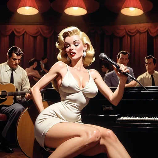 Prompt: Holli Would from Cool World singing in a jazz club as a lounge singer strumming her acoustic guitar, sitting down while wearing a extremeley reavealing slit to the thigh and waist dress while crossing her legs. 
