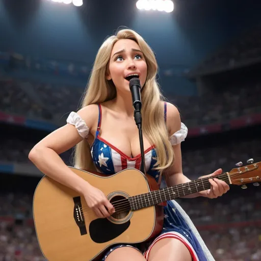 Prompt: Rapunzel wearing a revealing high slit to the waist dress sings The Star Spangled Banner at a sport's game while playing acoustic guitar with microphone, sitting down.