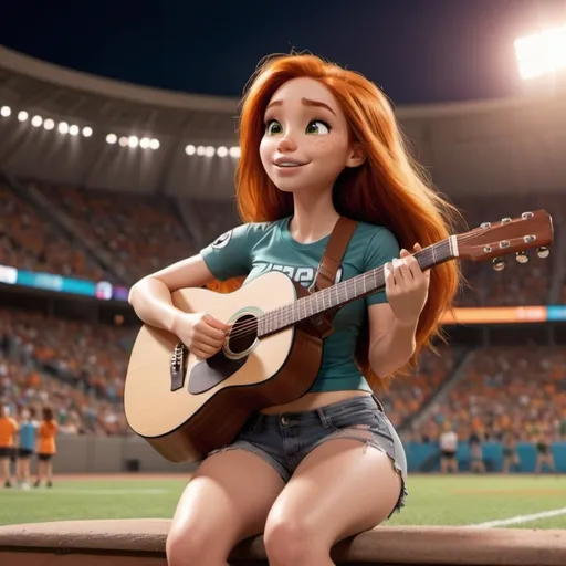 Prompt: (Kim Possible singing) US national anthem, sitting in a vibrant sports stadium, (strumming an acoustic guitar), casual and relaxed pose, wearing (ripped torn short shorts) showing off her skin, (joyful atmosphere), bright stadium lights, cheering crowd in the background, (4K ultra-detailed) image quality, capturing the energy and emotion of the moment, highlighting the connection between music and sports.