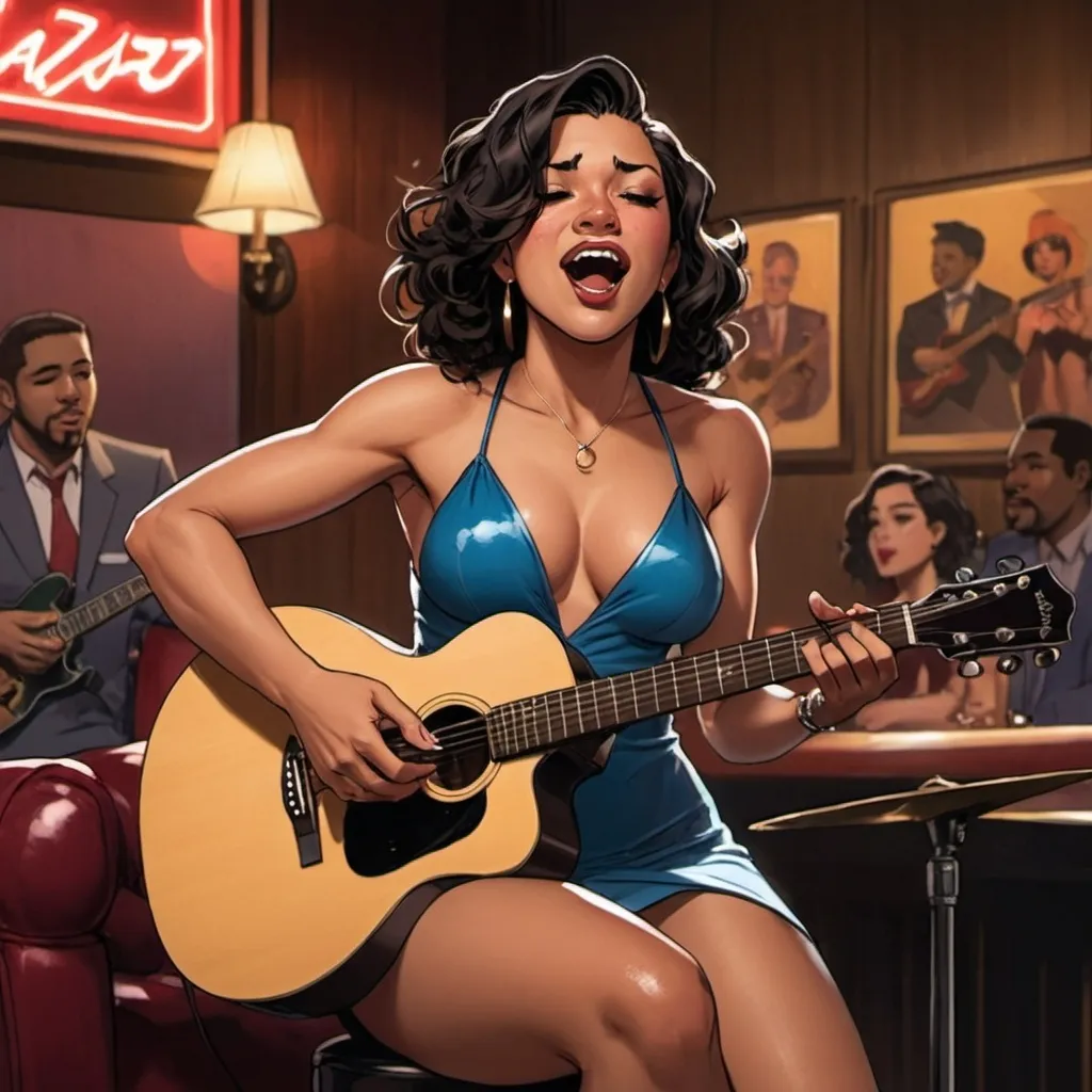 Prompt: America Chavez singing in a jazz club as a lounge singer strumming her acoustic guitar while wearing a revealing slit to the thigh and waist dress sitting down and showing off her legs.