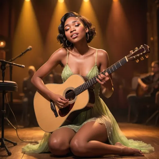 Prompt: (Tiana), emotional performance, acoustic guitar, sitting down, wearing revealing slit to the thigh dress (showing off her legs), (tears coming out of her eyes), vibrant colors, warm lighting, (dreamy atmosphere), stage backdrop, cheerful audience, soft focus, detailed facial expression, enchanting surroundings, intense gaze, HD, (whimsical, emotional,vibe).