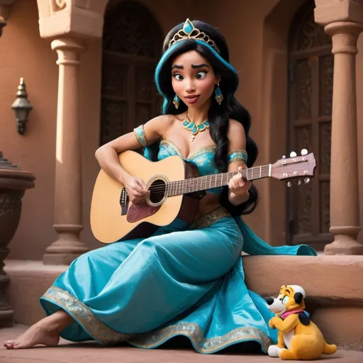 Prompt: Princess Jasmine playing acoustic guitar singing