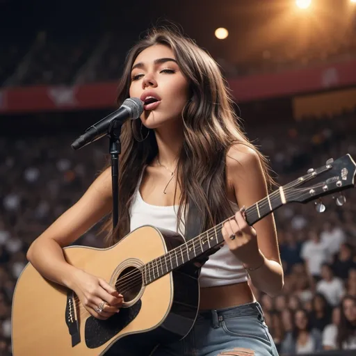 Prompt: (Madison Beer singing), sport stadium ambiance, sitting down, ripped torn jeans exposing skin, strumming acoustic guitar, vibrant crowd in the background, dramatic lighting illuminating her, heartwarming atmosphere, emotional lyrics floating through the air, high-quality 4K image, detailed textures on guitar and clothing, cinematic depth with warm colors, capturing the spirit of unity.