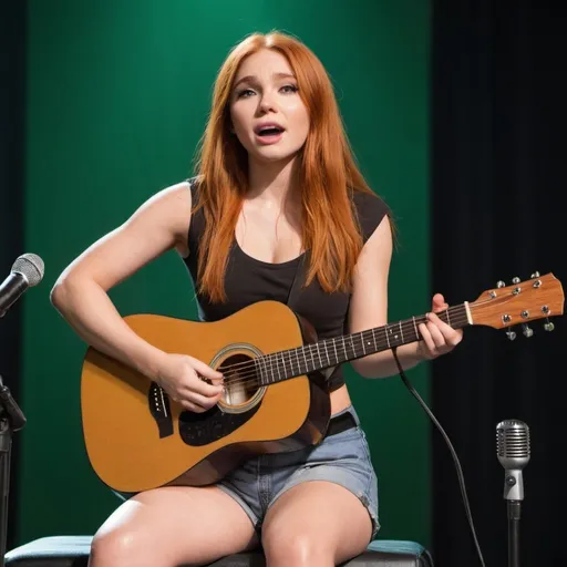 Prompt: Kim possible playing acoustic guitar singing in concert wearing shorts and sitting down