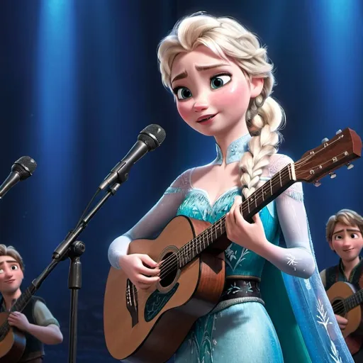 Prompt: Elsa From Frozen singing in concert holding microphone while her acoustic guitar is strapped on her back.